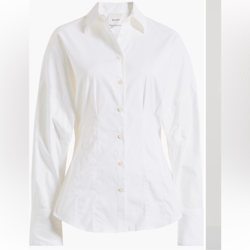 Reformation Vanta Stretch Poplin Button Up White Shirt Long Sleeve size 6